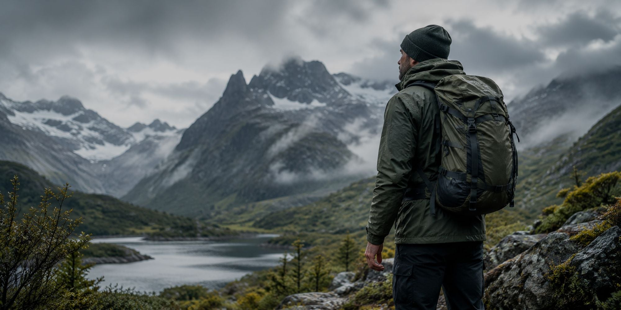 Person with a backpack standing on a rocky outcrop overlooking a mountainous landscape with a lake.