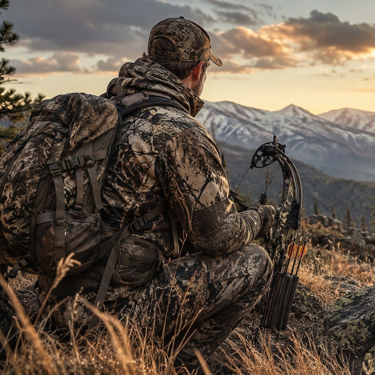 Hunter in camouflage gear observing a mountainous landscape during sunset.