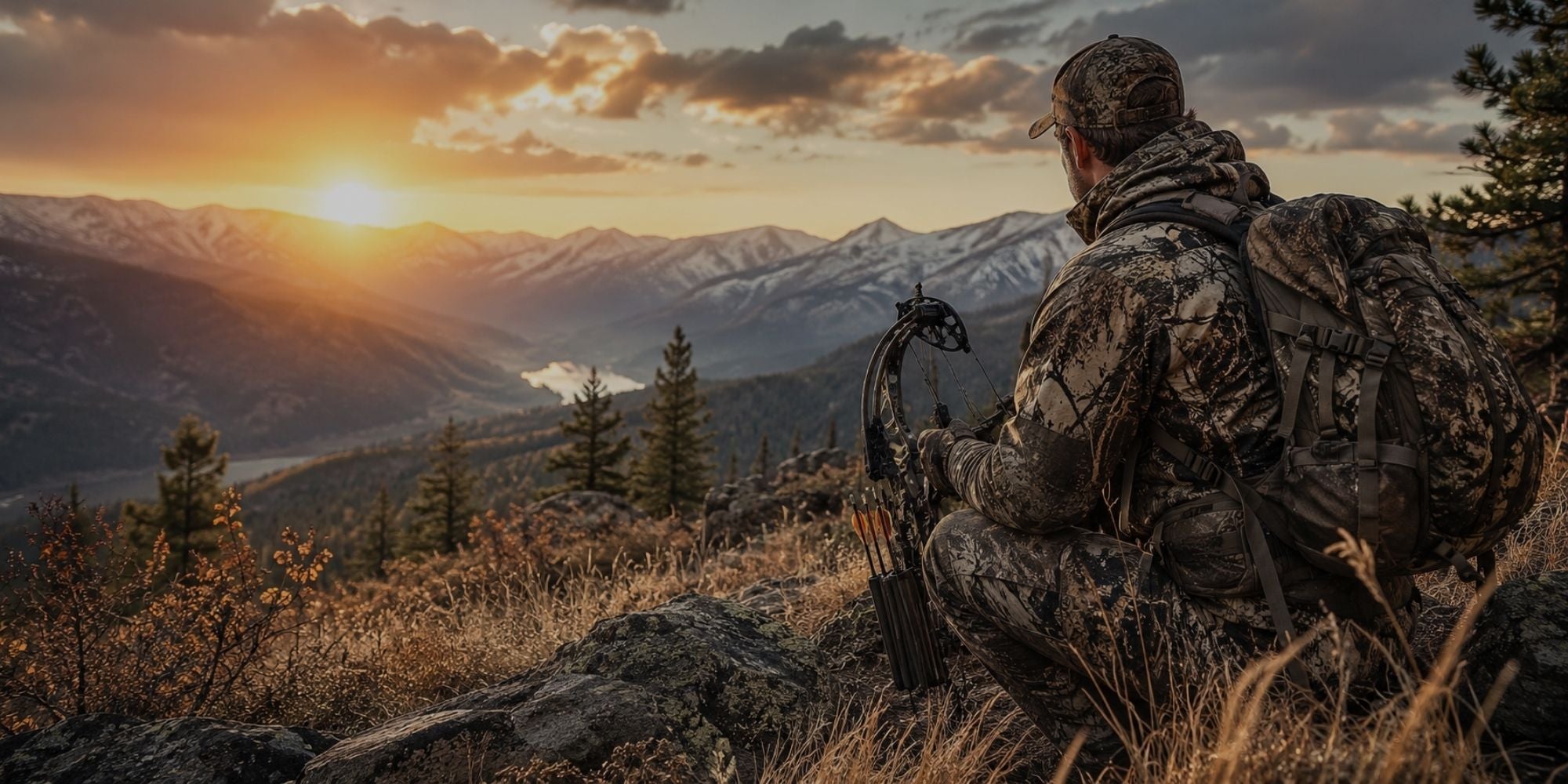 Hunter in camouflage gear observing a mountainous landscape during sunset.