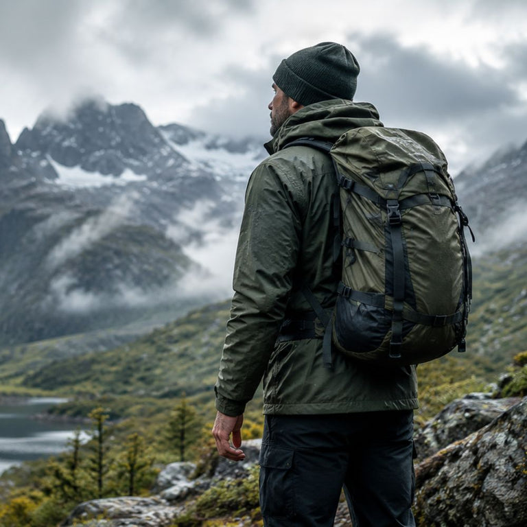 Person with a backpack standing on a rocky outcrop overlooking a mountainous landscape with a lake.